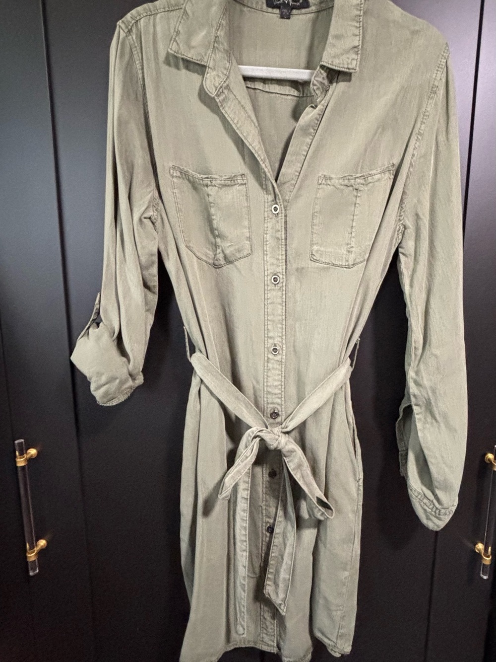 Velvet Heart Olive Green Button-Front Mini Shirt Dress